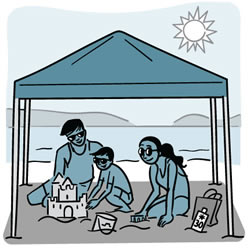 Illustration of a family under a shaded canopy at the beach. 