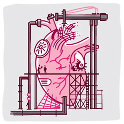 Whimsical illustration of a heart being repaired by construction workers.