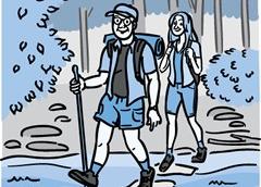 Illustration of an older couple hiking through the woods.