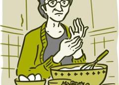 Illustration of senior rubbing aching hand joints while cooking.