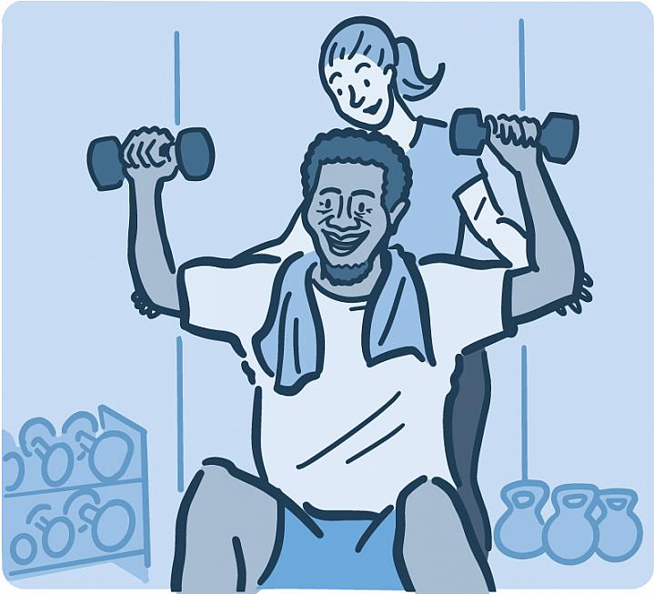 Drawing of a man lifting weights with a person spotting him