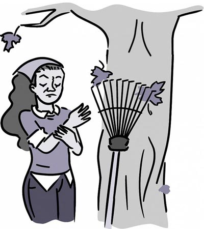 illustration of a woman holding her wrist while raking leaves