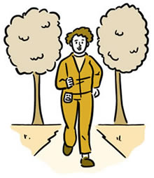 Illustration of a woman wearing a pedometer and walking along a trail